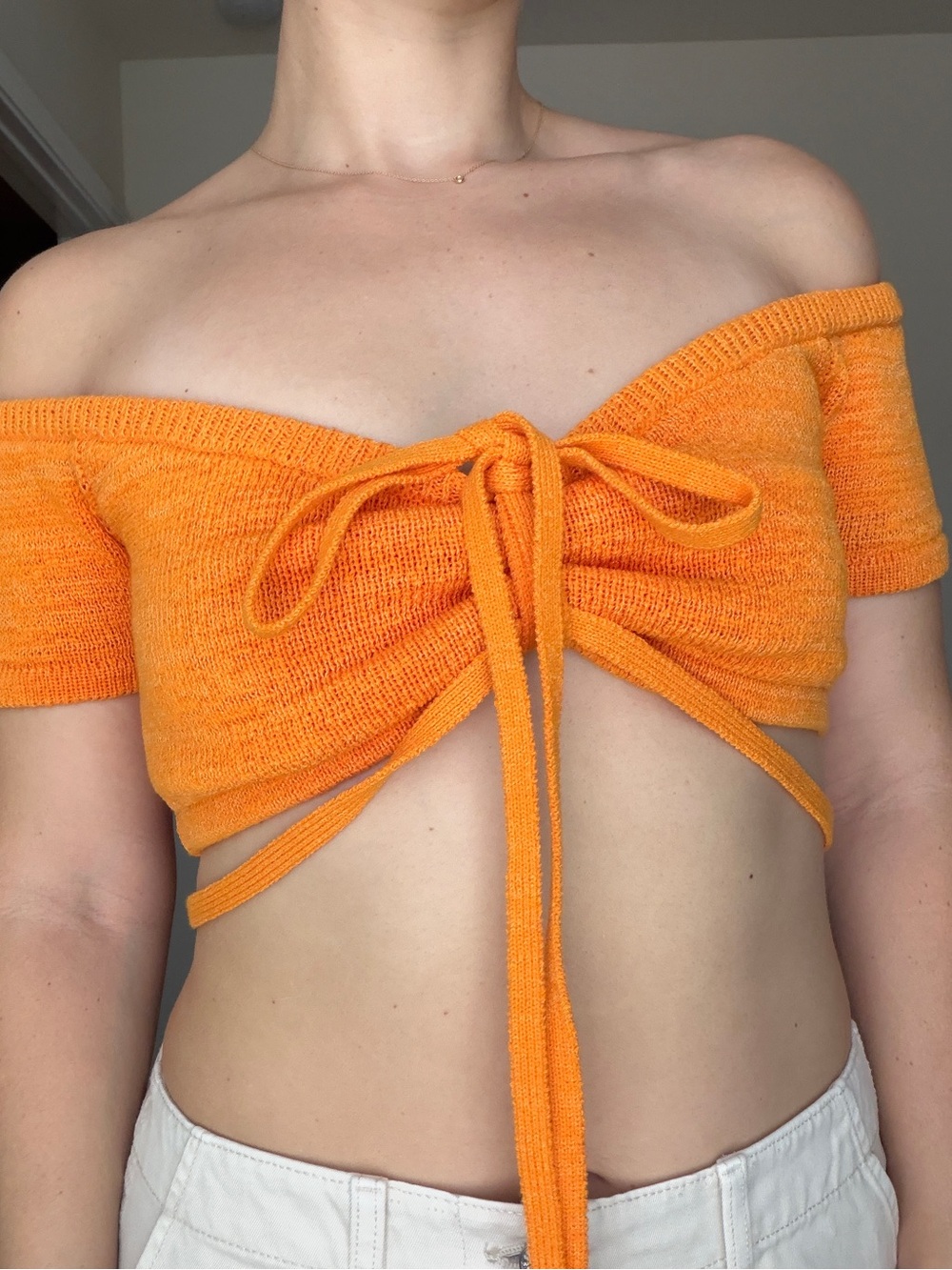 cult gaia Orange Off-Shoulder Tie-Front Crop Top